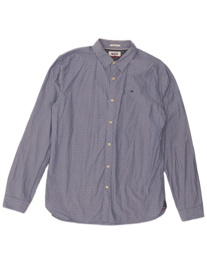 Camisa masculina Tommy Hilfiger Regular Fit de algodão listrado azul médio