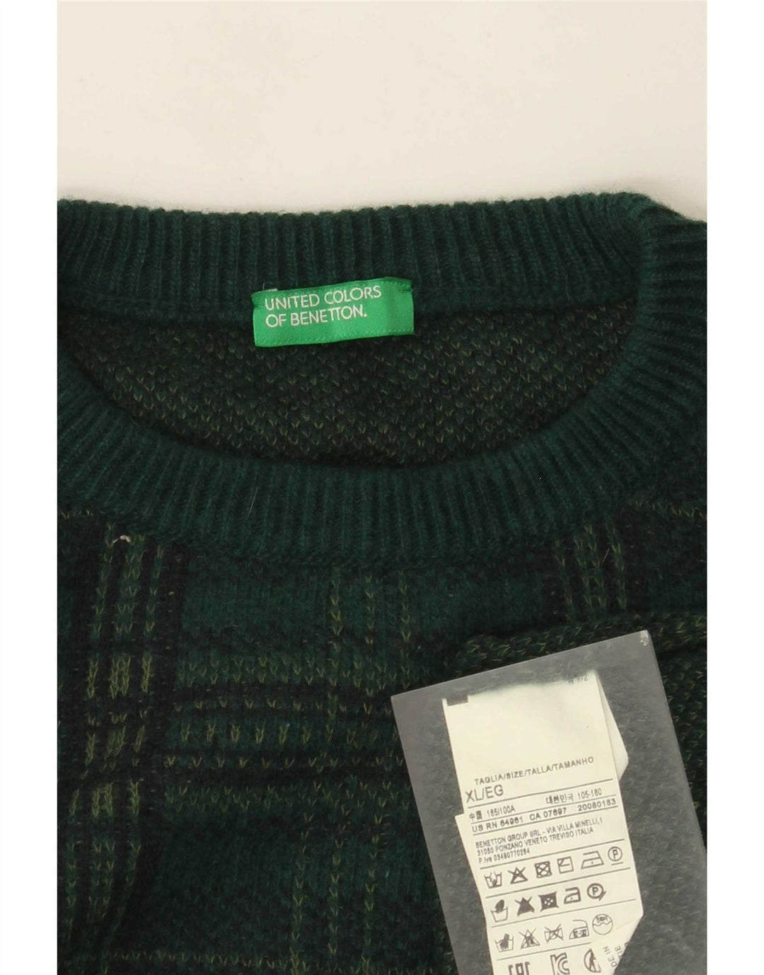 Suéter masculino Benetton com gola redonda e lã xadrez verde XL