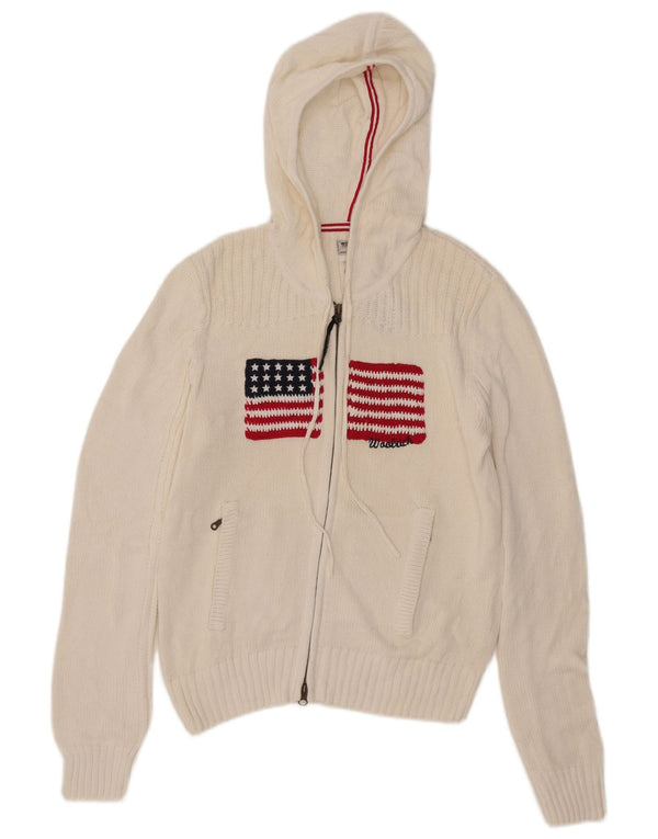 Woolrich Suéter cardigã feminino com capuz gráfico Reino Unido 18 XL algodão branco