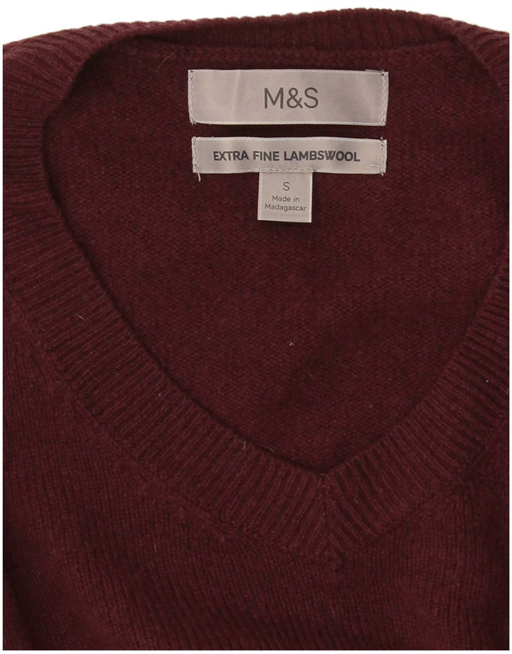 Suéter masculino Marks & Spencer com decote em V, pequeno, lã de cordeiro cor de vinho