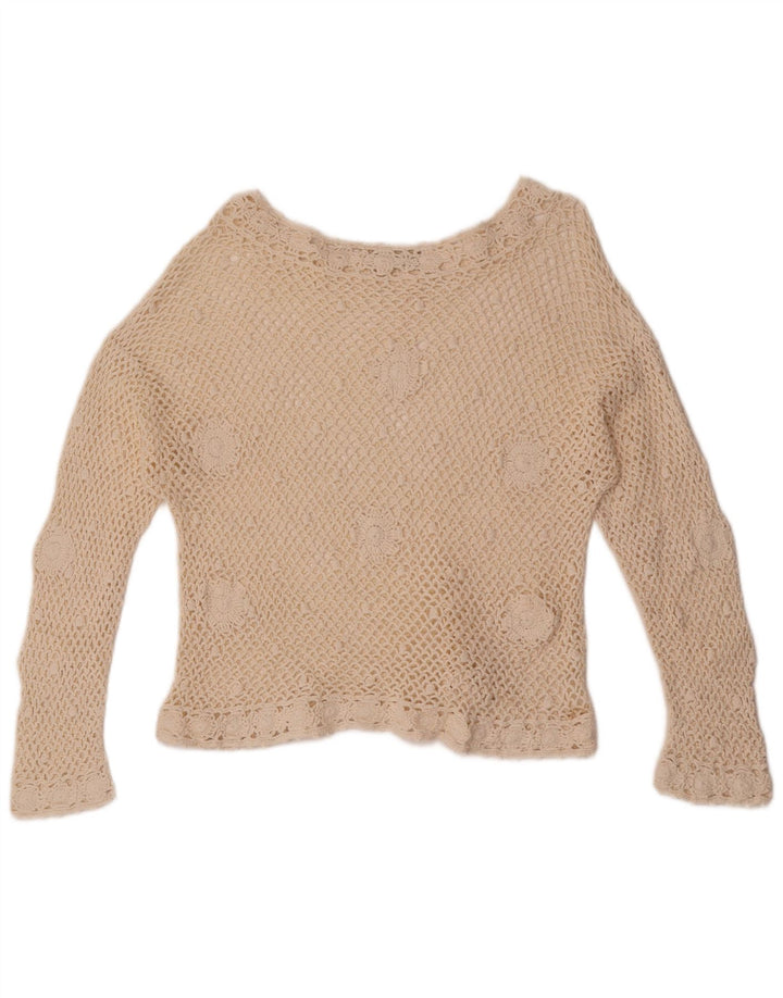 Blusa feminina de crochê vintage UK 12 médio off white floral