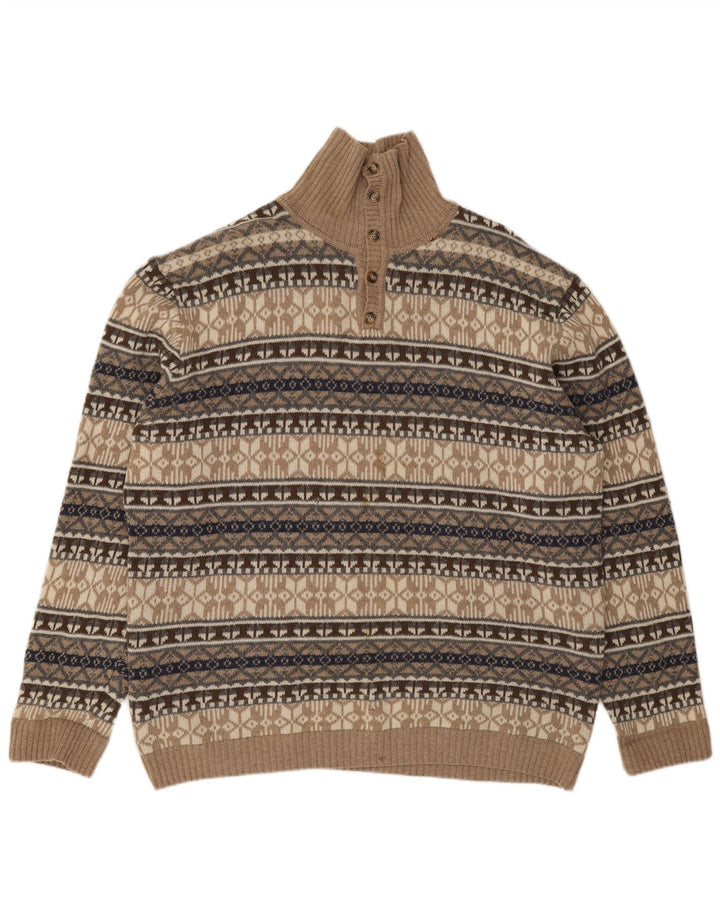 Suéter masculino vintage com decote em botão 4XL bege Fair Isle Lambswool