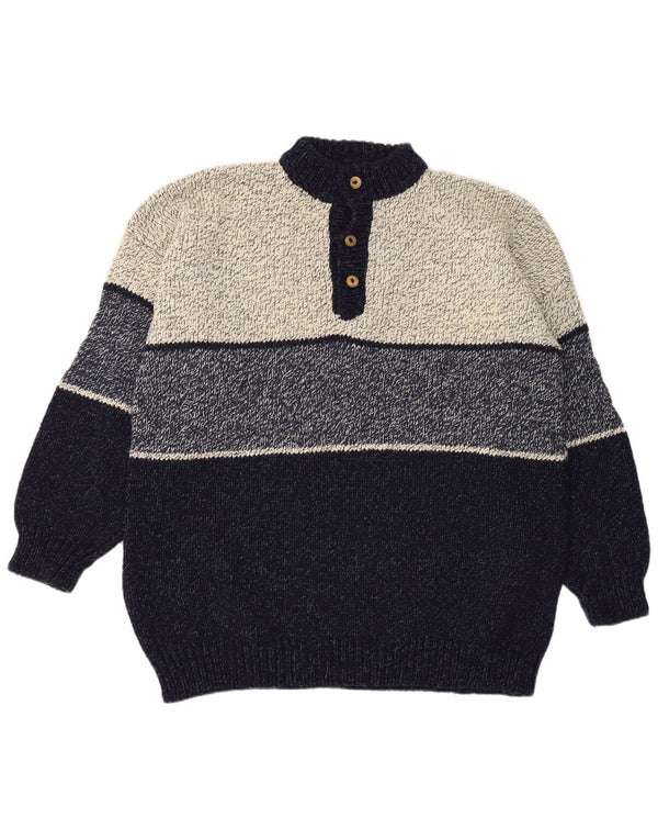 Suéter masculino vintage com decote em botão 2XL azul marinho colorblock