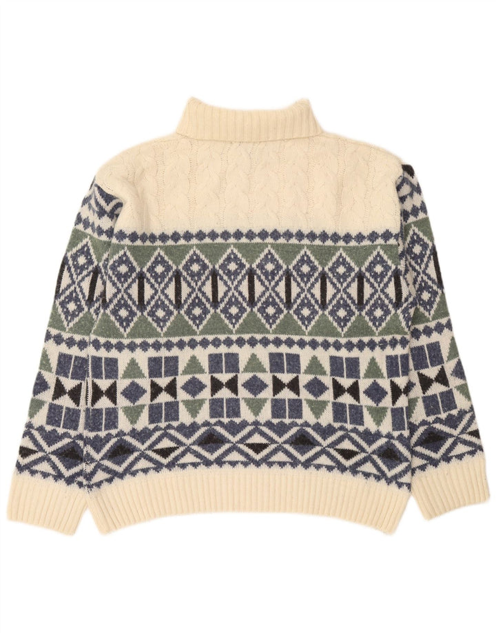 Suéter masculino vintage com gola redonda, meio branco geométrico