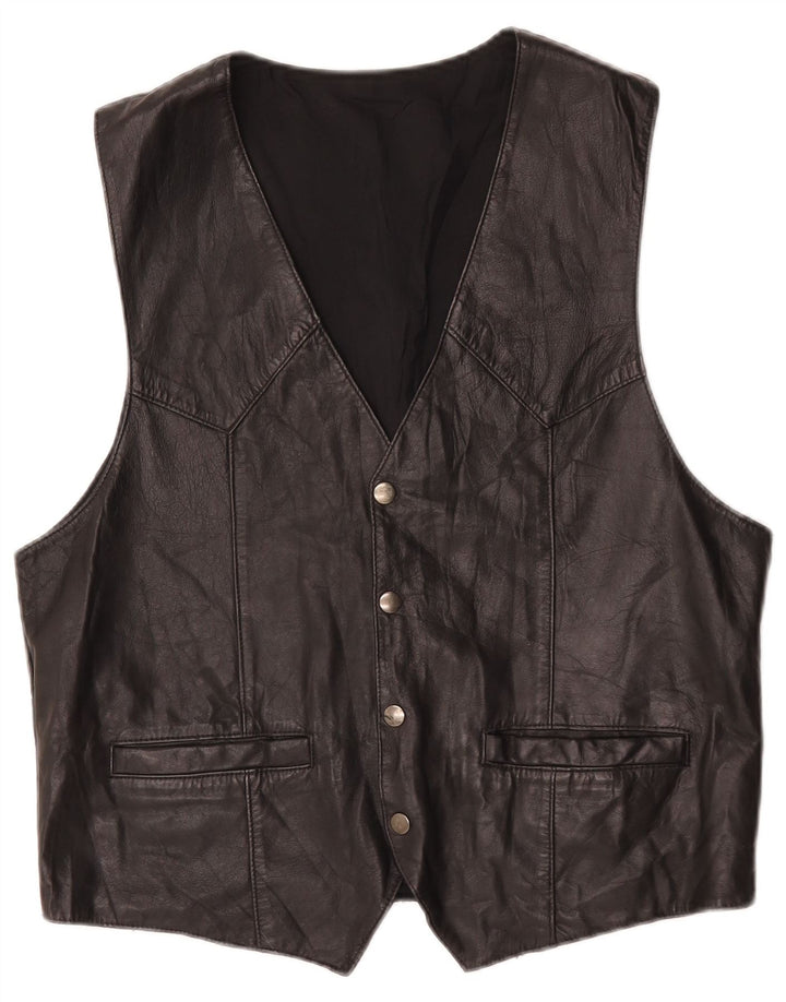 Colete de couro masculino vintage médio preto