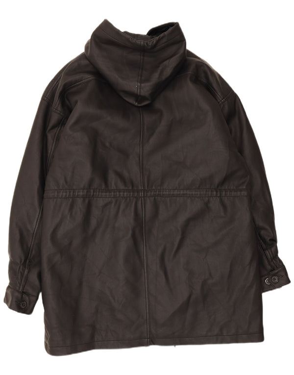 Sobretudo feminino de couro sintético com capuz Regina Schrecker UK 18 XL preto PVC
