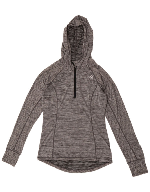 Suéter Reebok feminino com capuz e gola com zíper UK 10 pequeno poliéster manchado cinza