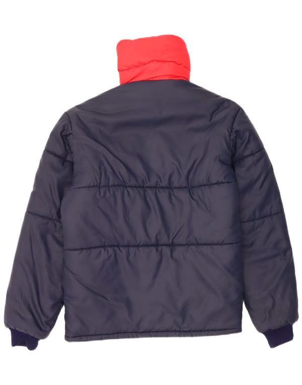 Jaqueta acolchoada reversível masculina vintage UK 38 bloco colorido azul marinho médio
