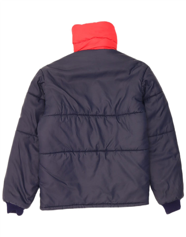Jaqueta acolchoada reversível masculina vintage UK 38 bloco colorido azul marinho médio
