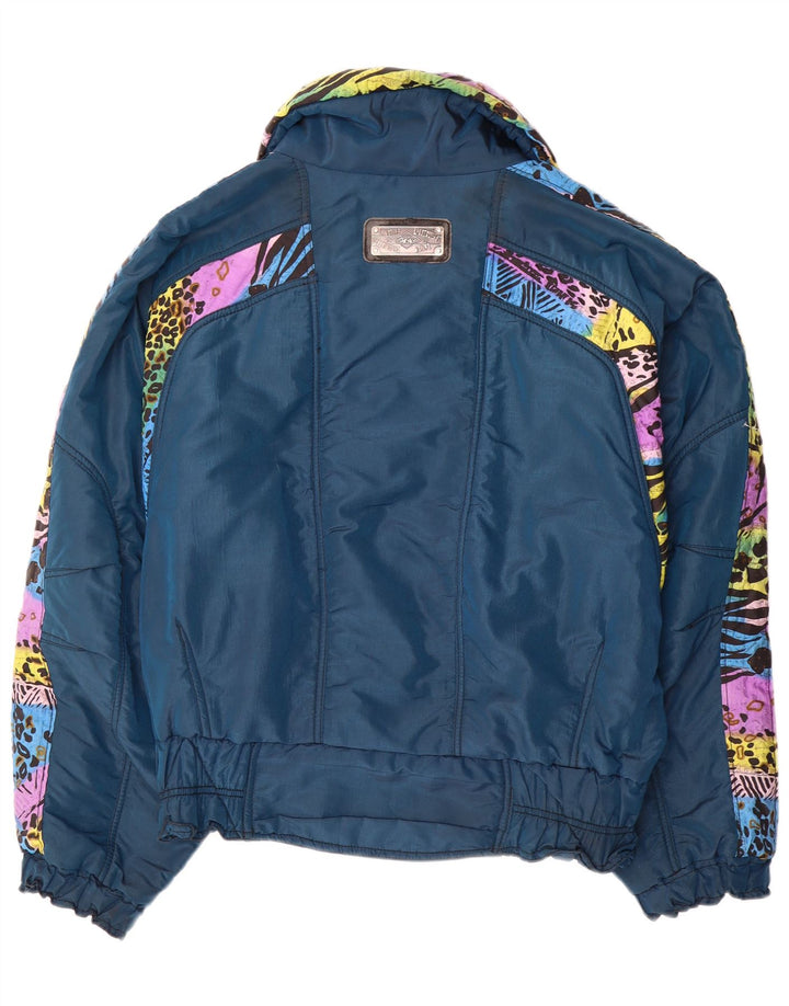 Jaqueta de esqui superdimensionada feminina vintage IT 52 2XL azul animal print poliamida