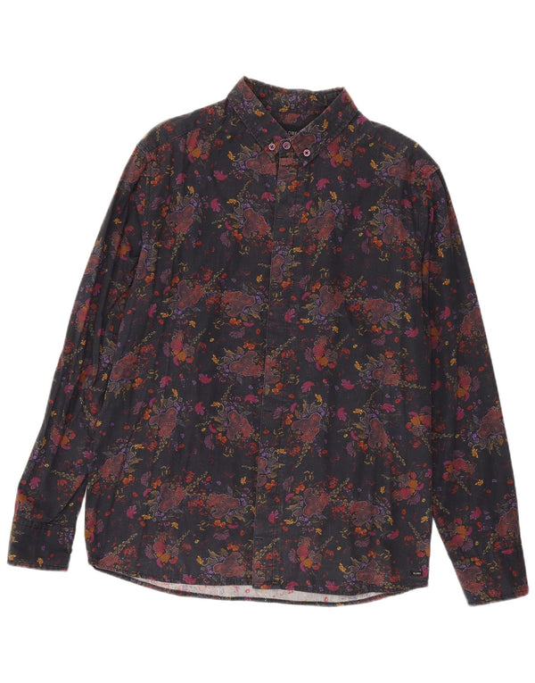 Camisa masculina vintage grande algodão floral preto
