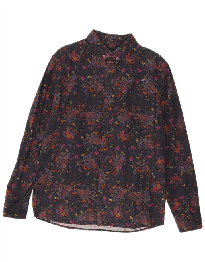 Camisa masculina vintage grande algodão floral preto