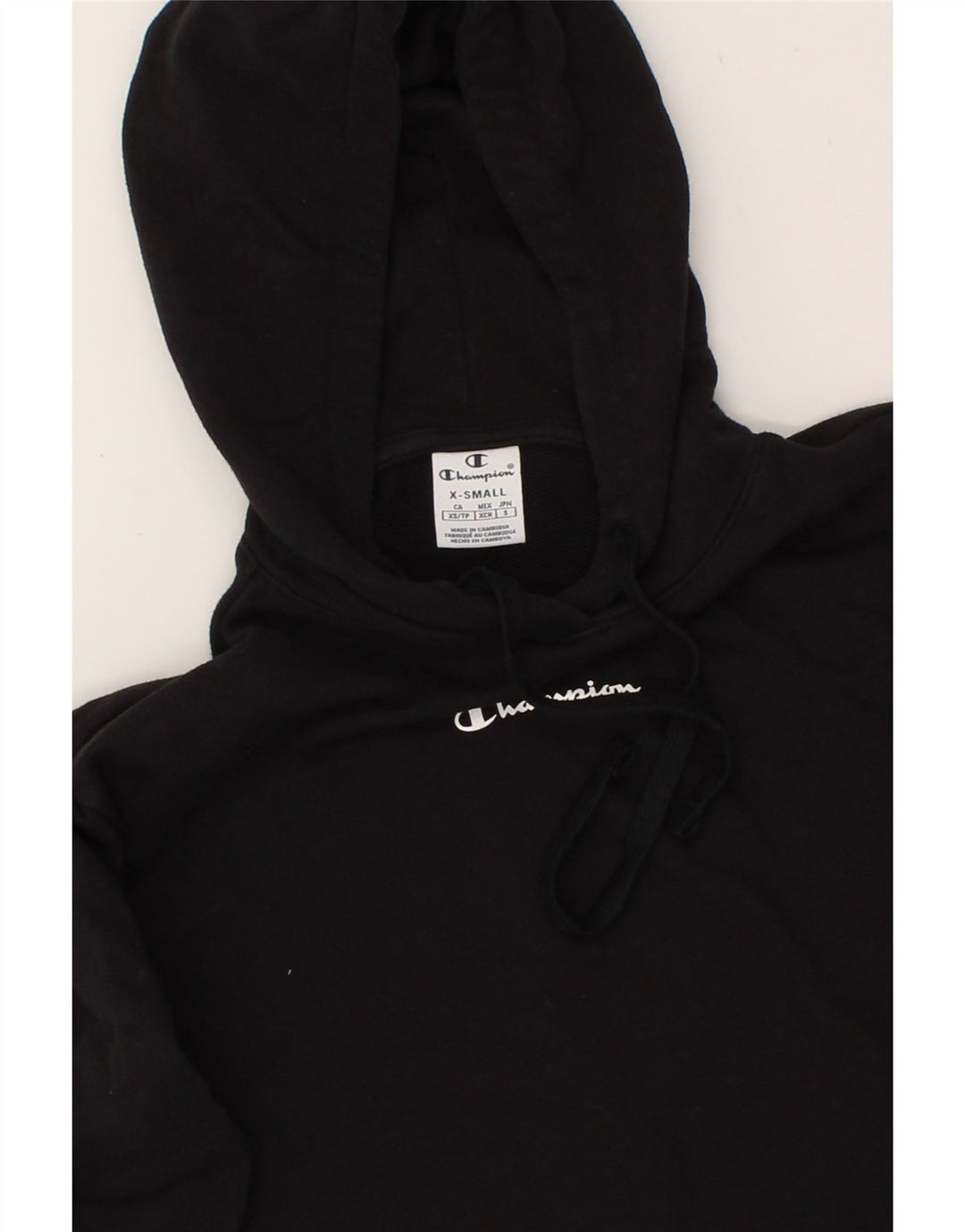 CHAMPION Womens Graphic Hoodie Jumper UK 6 XS Black Cotton Vintage Champion and Second-Hand Champion from Messina Hembry 
