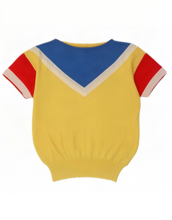 Suéter feminino vintage com gola canoa Reino Unido 10 pequeno colorblock amarelo