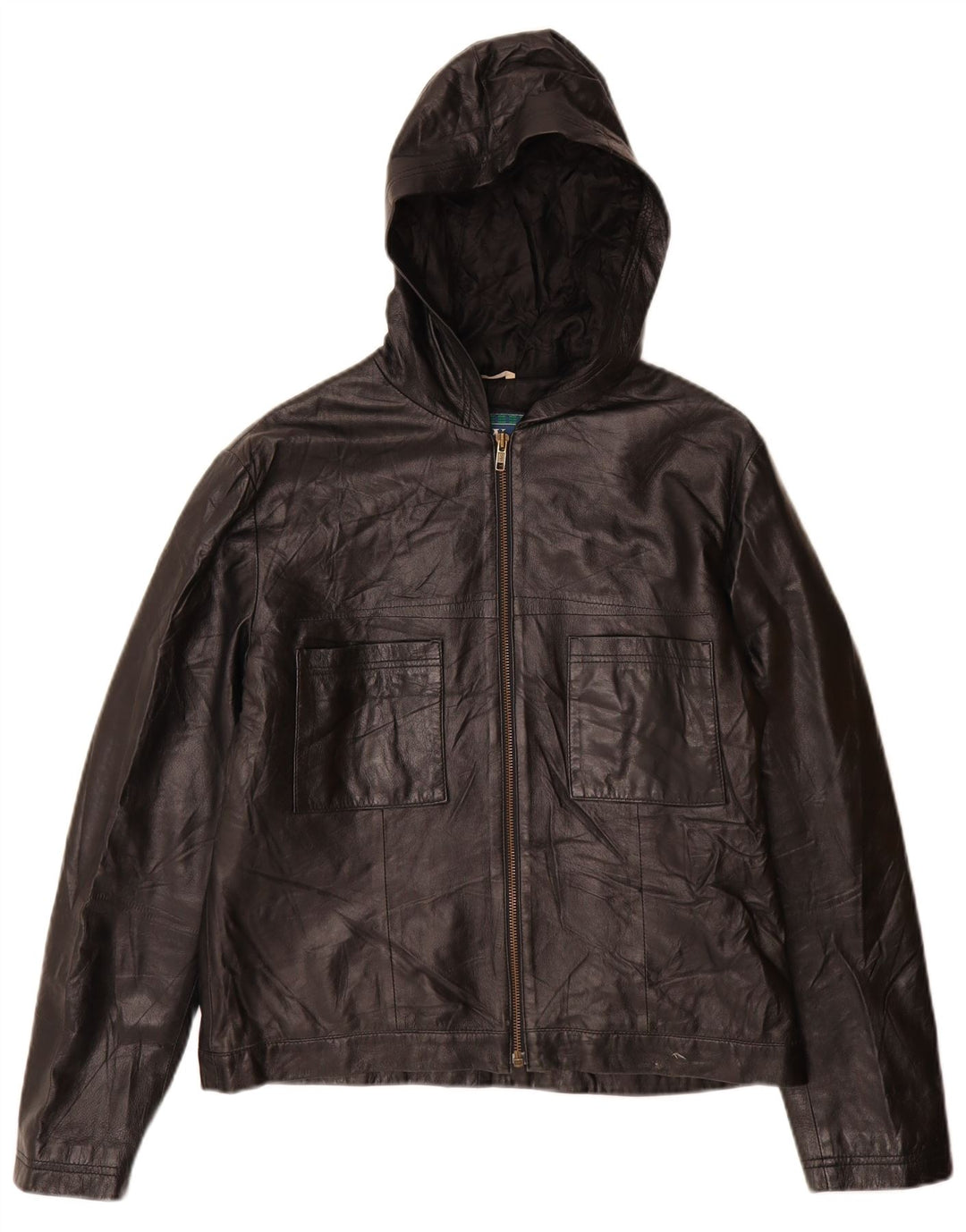 Jaqueta de couro com capuz feminino vintage IT 46 grande couro preto