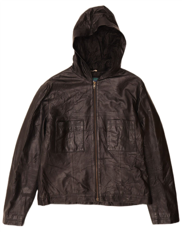 Jaqueta de couro com capuz feminino vintage IT 46 grande couro preto