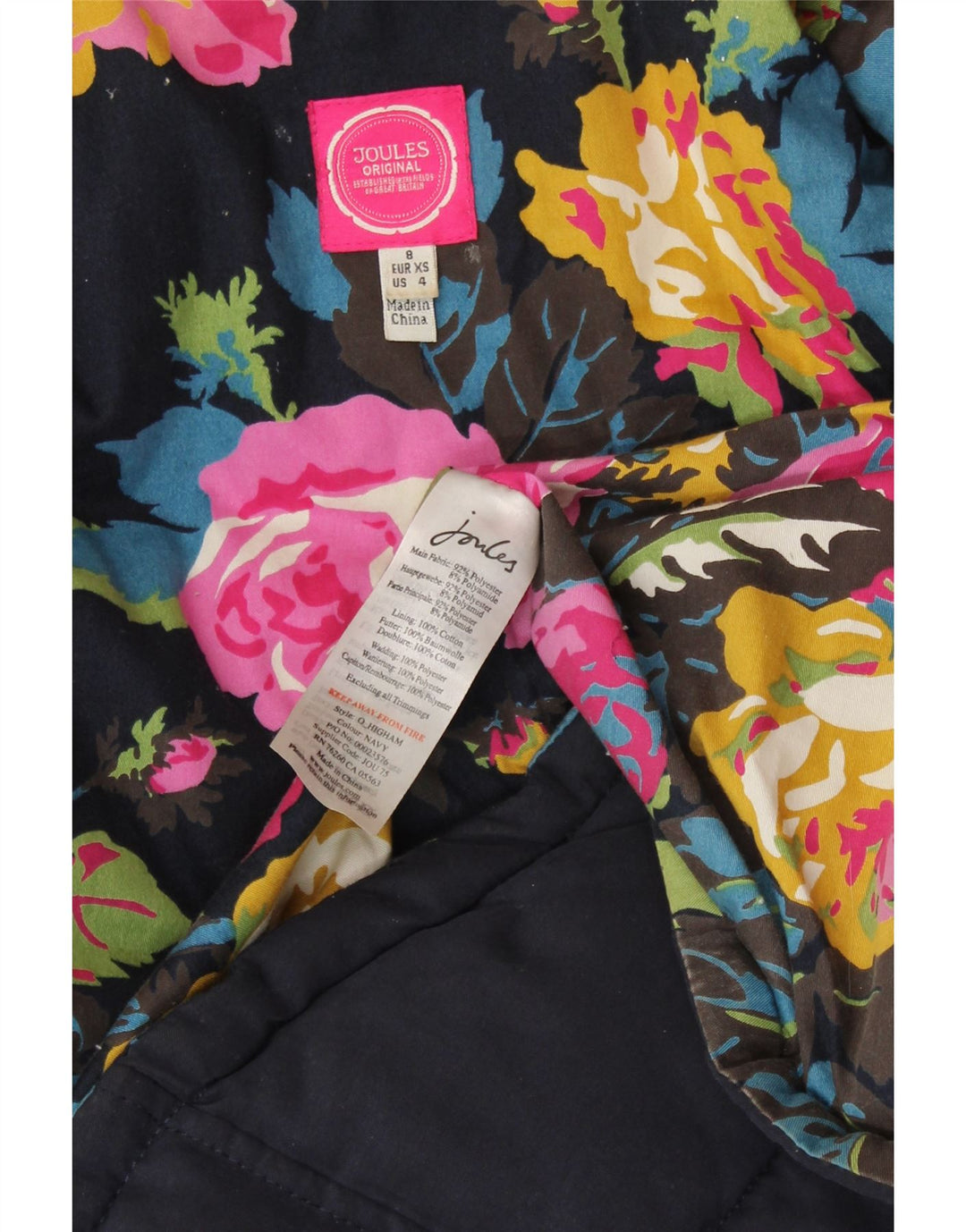 JOULES Colete acolchoado feminino UK 8 pequeno algodão azul marinho