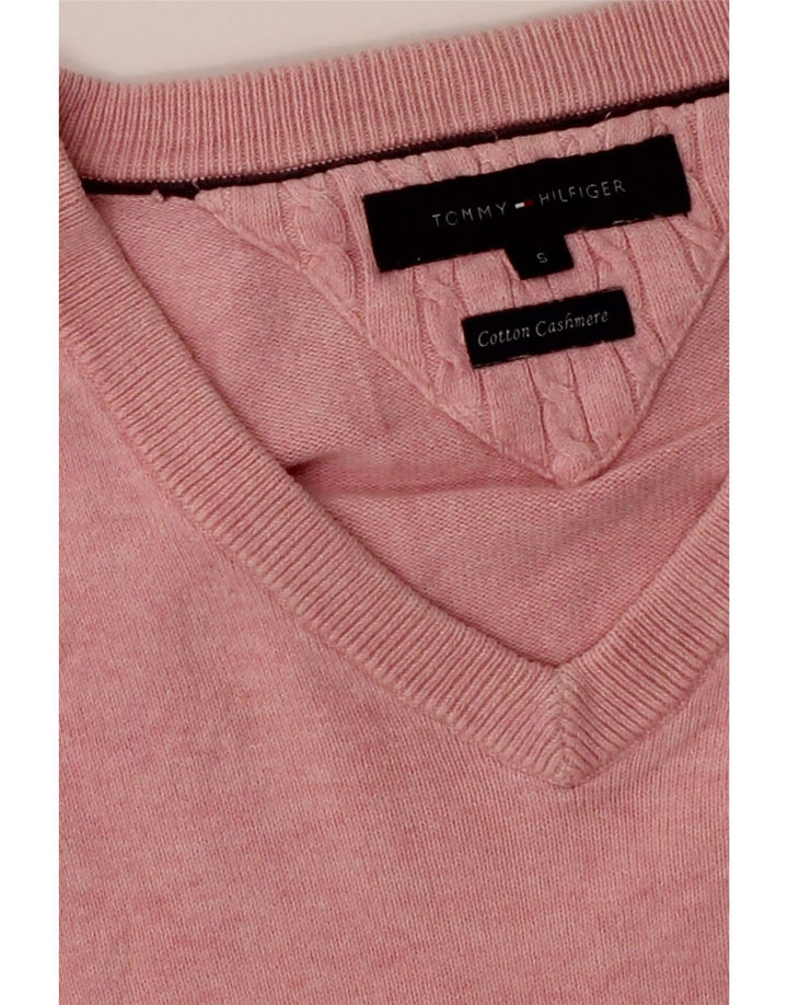 TOMMY HILFIGER Mens V-Neck Jumper Sweater Small Pink Cotton Vintage Tommy Hilfiger and Second-Hand Tommy Hilfiger from Messina Hembry 