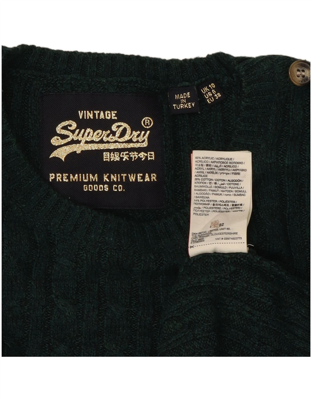 Suéter feminino SUPERDRY com gola canoa Reino Unido 10 pequeno acrílico verde