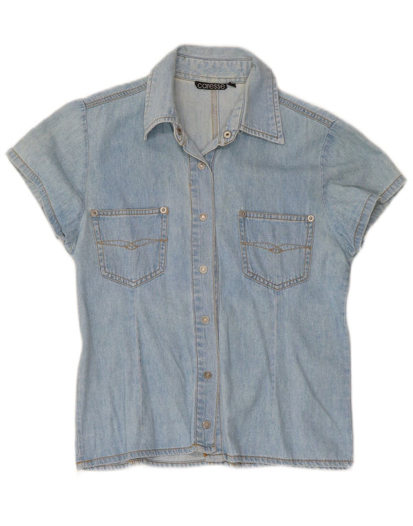 Camisa jeans feminina vintage de manga curta UK 10 pequena azul