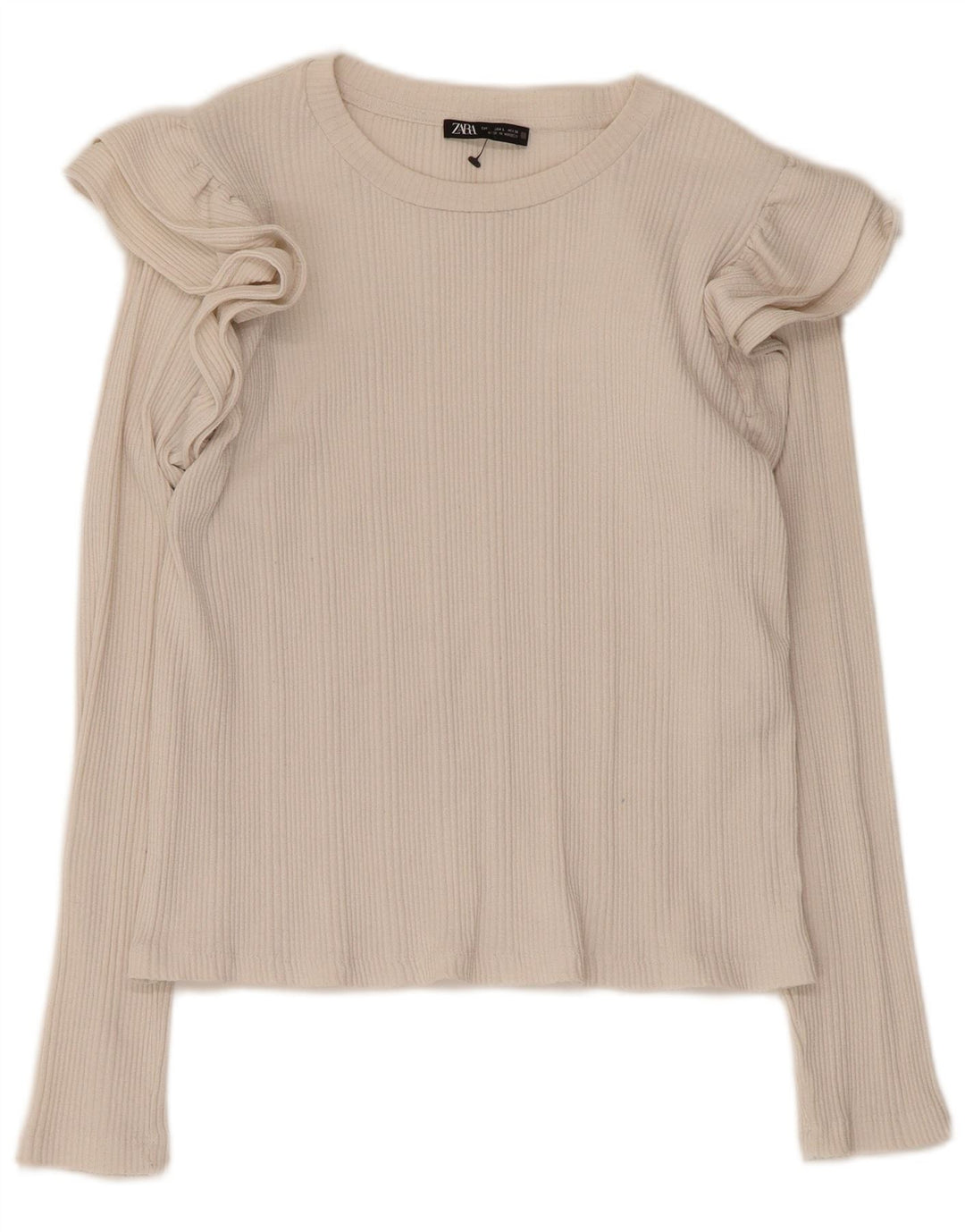 Zara Womens Crop Ruffle Front Top Manga Longa Reino Unido 14 Grande Algodão Branco