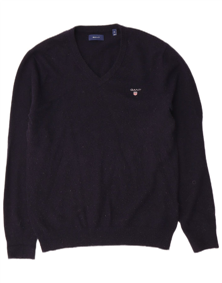 Suéter masculino Gant com decote em V de lã azul marinho médio