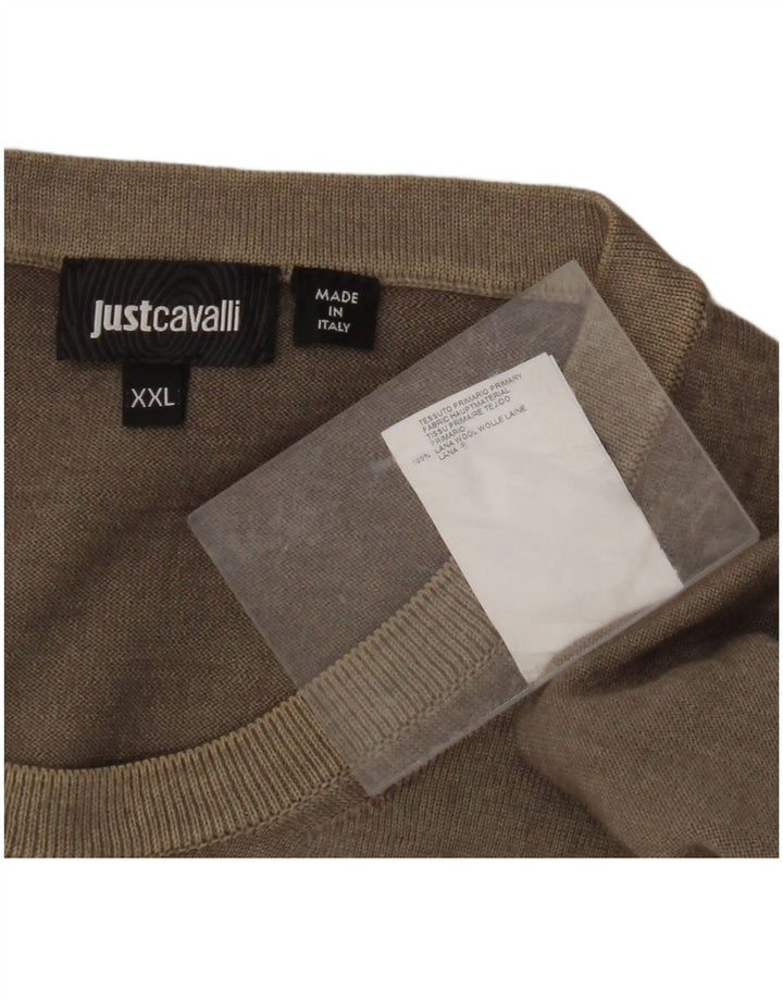 JUST CAVALLI Suéter masculino com gola redonda 2XL lã cáqui