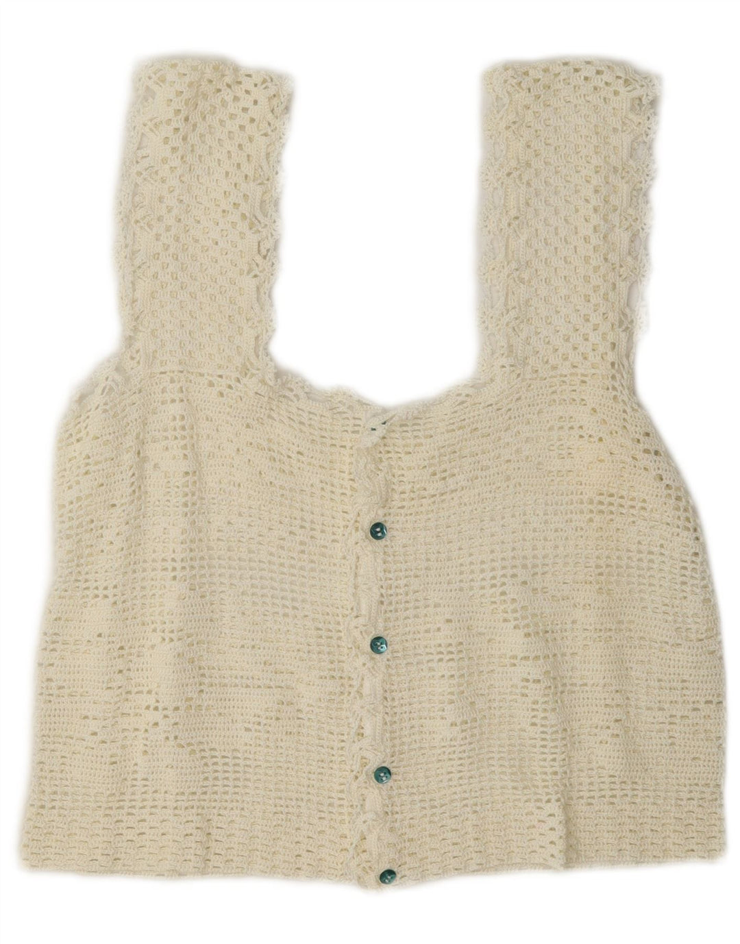 Top feminino vintage de crochê sem mangas UK 12 médio off white