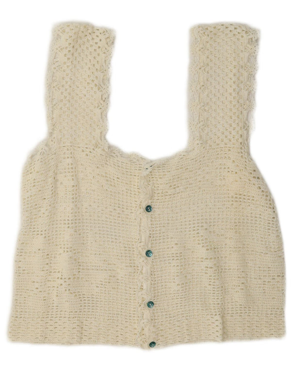 Top feminino vintage de crochê sem mangas UK 12 médio off white