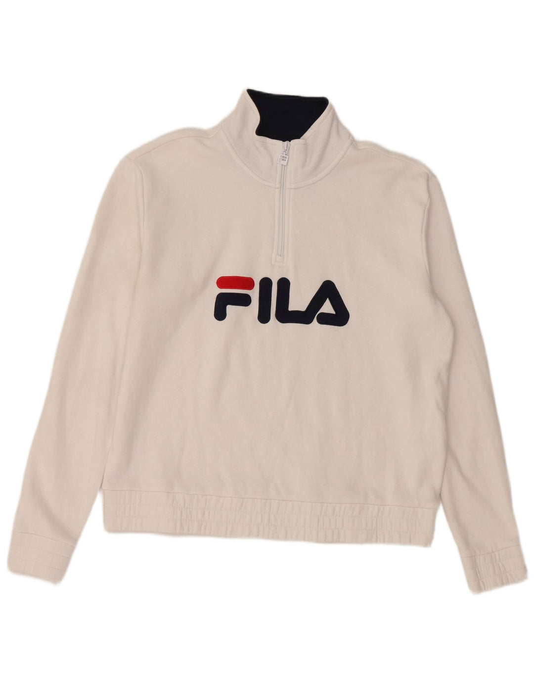 Suéter feminino FILA com gola e zíper gráfico Reino Unido 16 grande algodão branco
