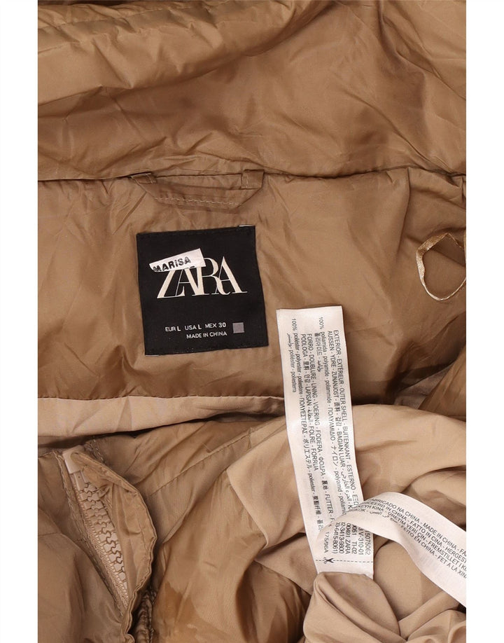 Casaco acolchoado com capuz feminino Zara UK 16 grande marrom poliamida