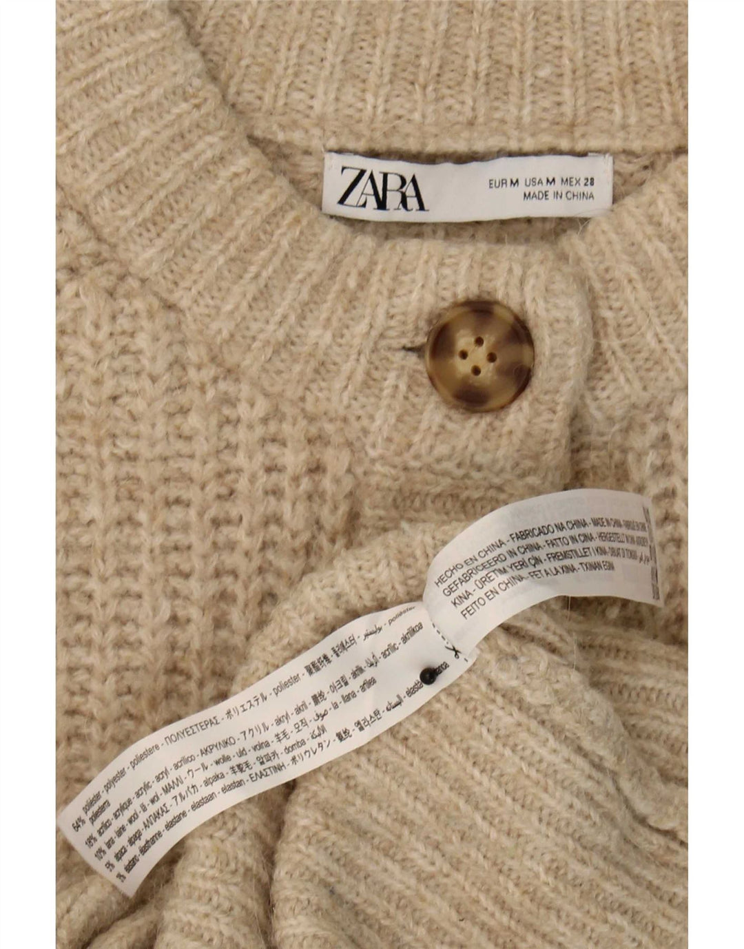 Suéter cardigã feminino Zara UK 12 poliéster bege médio