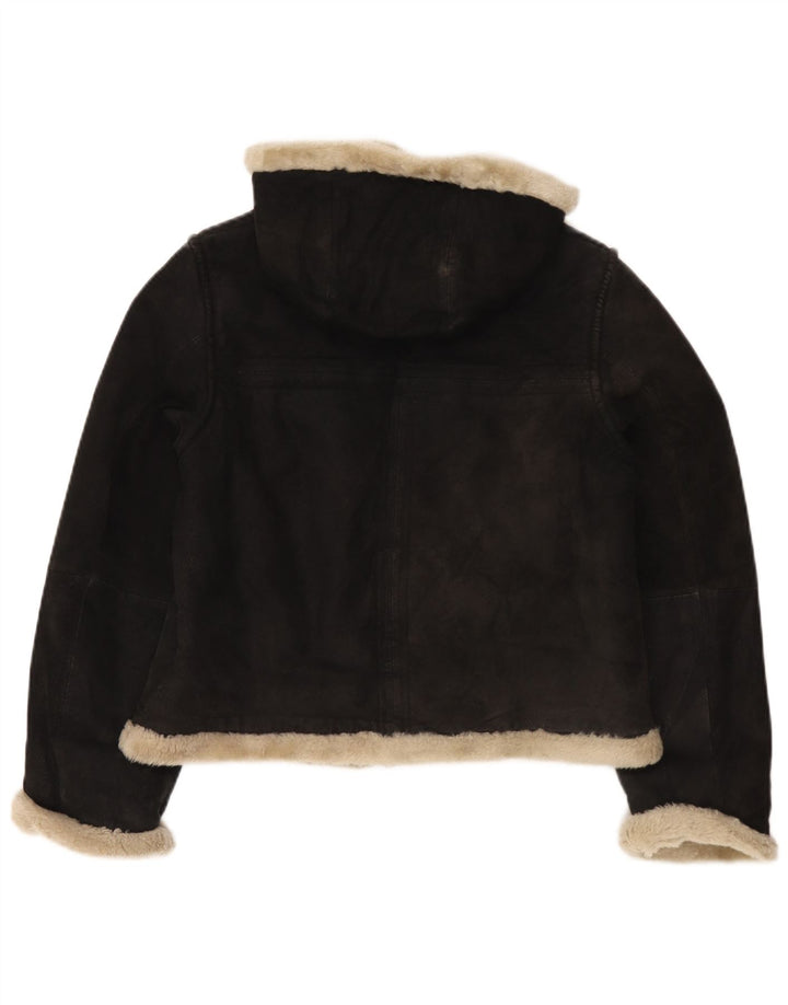Jaqueta feminina de shearling com capuz Conbipel UK 14 couro preto médio