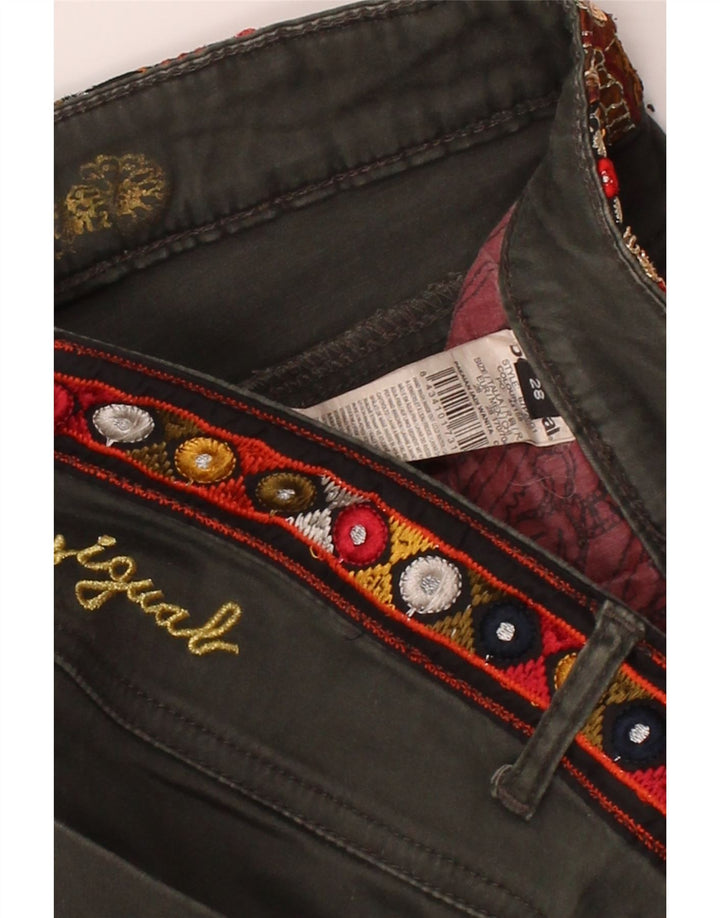 DESIGUAL Womens Graphic Cropped Trousers W28 L25 Khaki Floral Cotton Vintage Desigual and Second-Hand Desigual from Messina Hembry 
