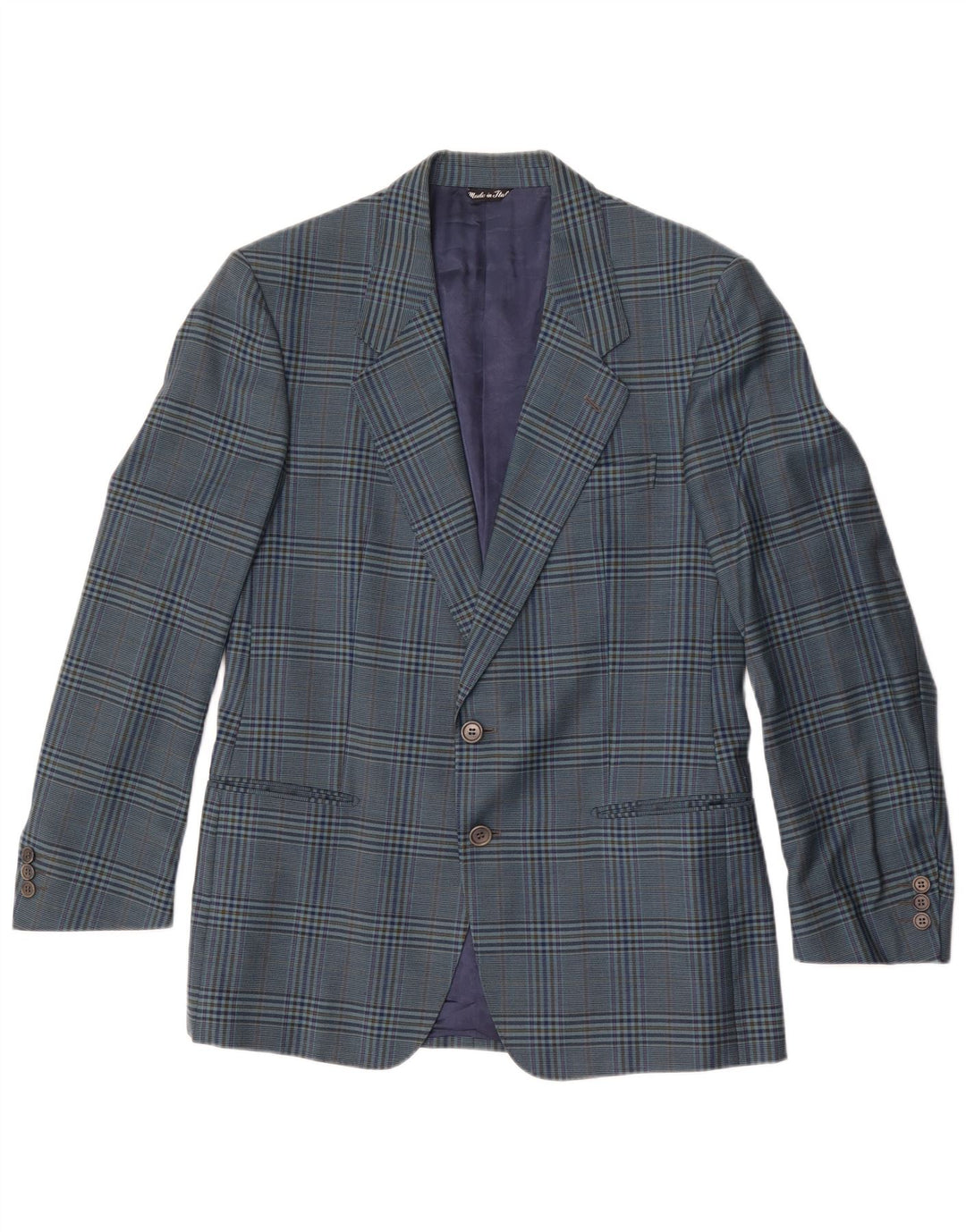 Jaqueta blazer masculina vintage com 2 botões IT 50 grande lã xadrez azul