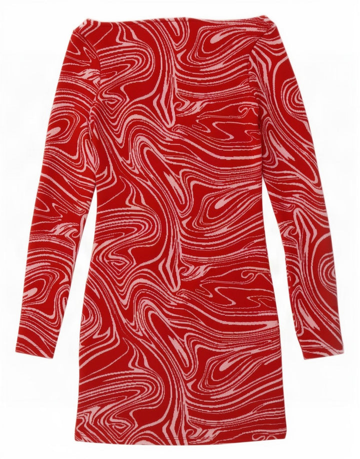 Vestido feminino Zara com estampa abstrata manga comprida bainha Reino Unido 8 pequeno vermelho