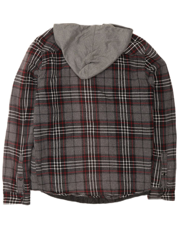 Camisa masculina de flanela com capuz e flanela Zara, algodão xadrez cinza médio