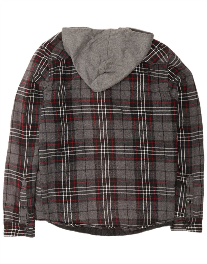 Camisa masculina de flanela com capuz e flanela Zara, algodão xadrez cinza médio