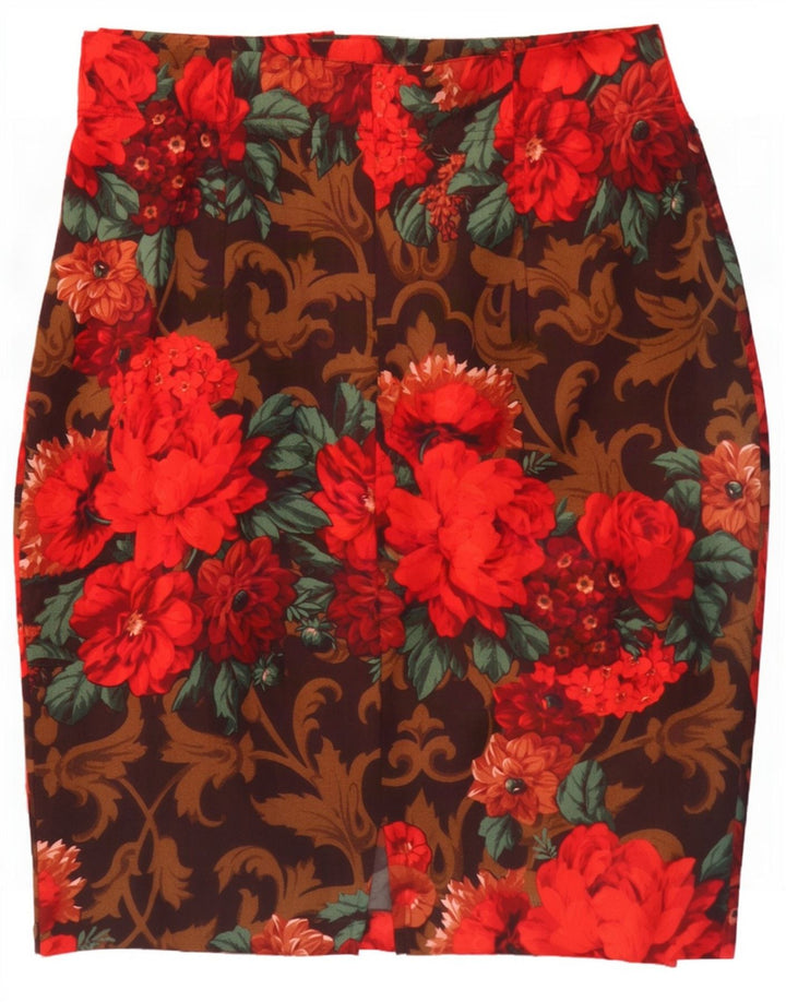 Saia lápis feminina vintage W30 lã virgem floral vermelha média