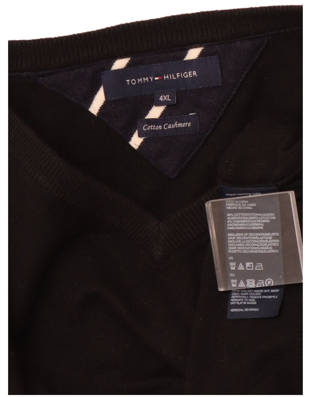 TOMMY HILFIGER Suéter masculino com decote em V 4XL algodão preto