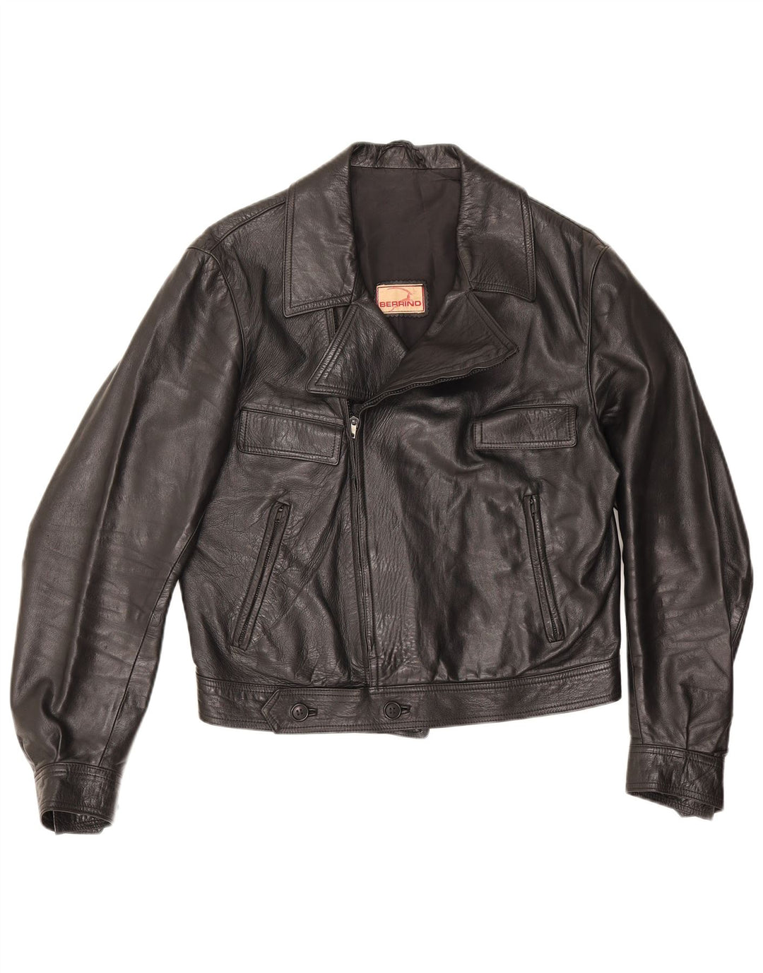 Berrino Mens Crop Leather Biker Jacket IT 48 Médio Preto