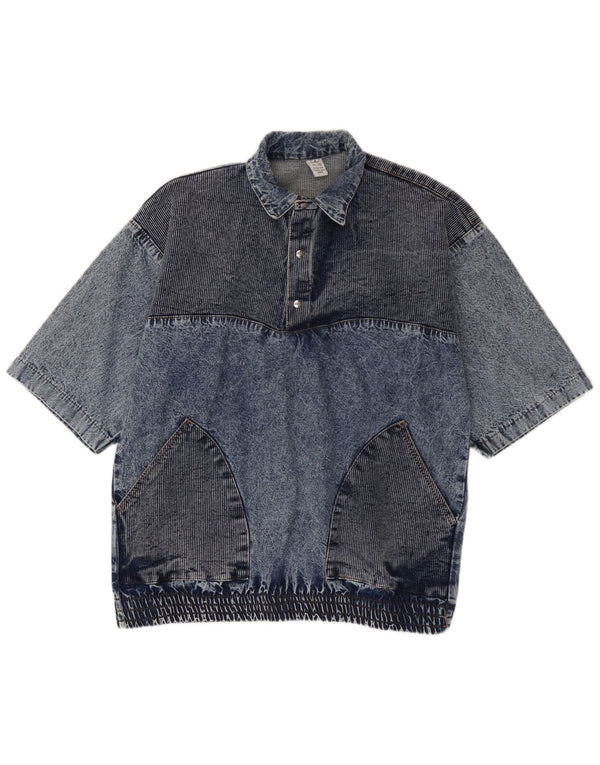Vintage masculino solto ajuste manga curta pulôver jeans camisa pequeno algodão azul