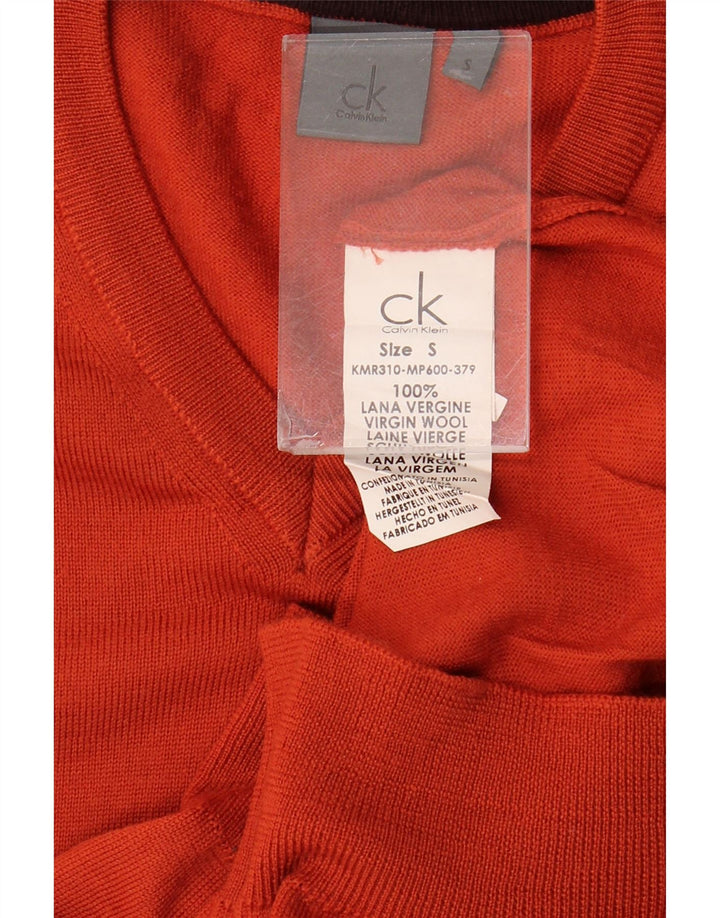 Suéter masculino Calvin Klein com decote em V, pequeno, laranja, lã virgem