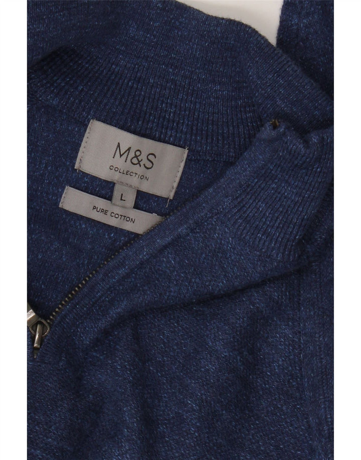Suéter masculino Marks & Spencer com zíper e gola alta de algodão manchado azul