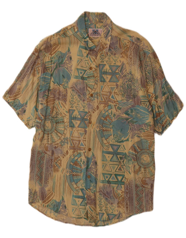 Camisa masculina vintage de manga curta grande geométrica multicolorida