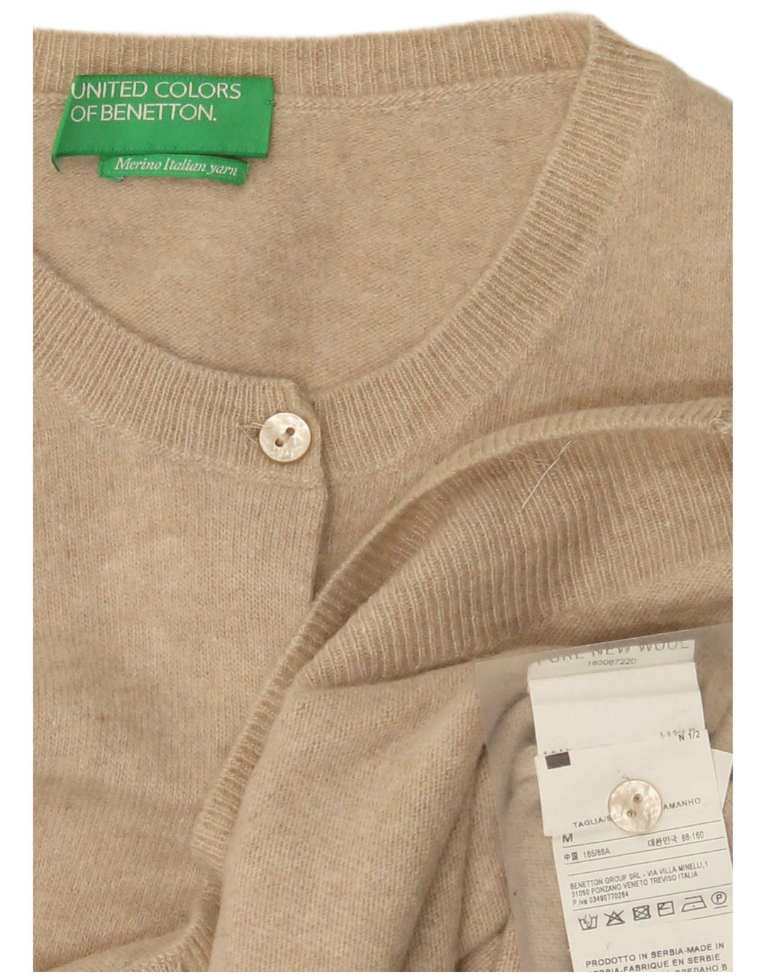 Suéter cardigã feminino Benetton Reino Unido 12 lã nova bege médio
