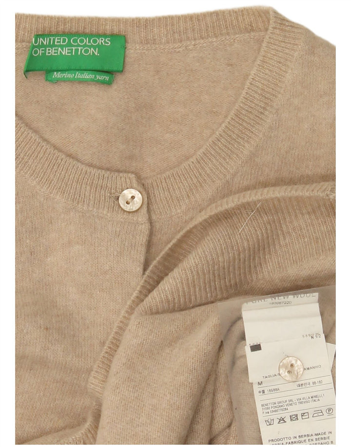 Suéter cardigã feminino Benetton Reino Unido 12 lã nova bege médio