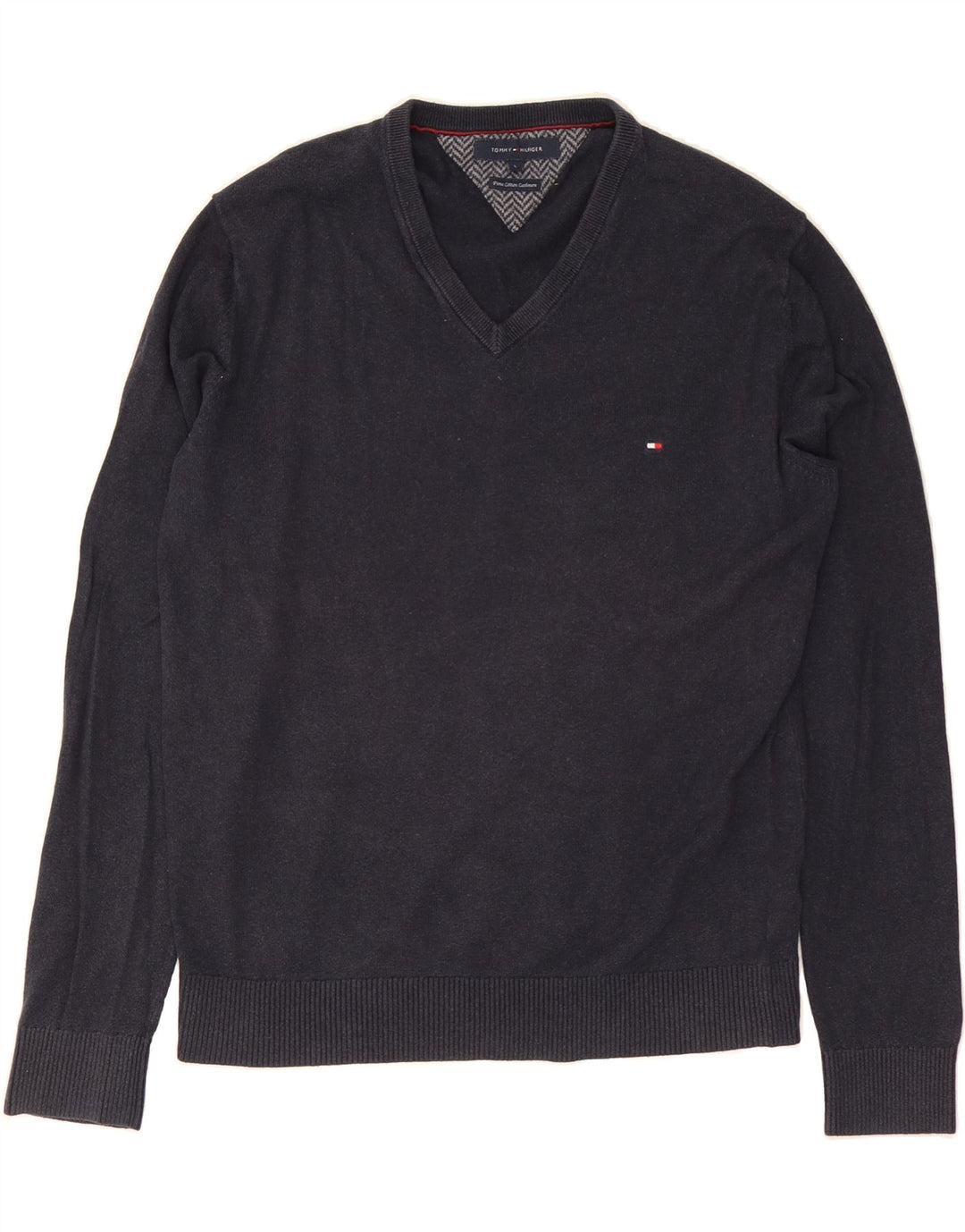 TOMMY HILFIGER Mens V-Neck Jumper Sweater Large Navy Blue Cotton Vintage Tommy Hilfiger and Second-Hand Tommy Hilfiger from Messina Hembry 