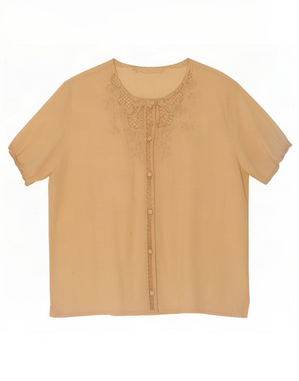 Blusa feminina vintage manga curta UK 16 grande bege floral