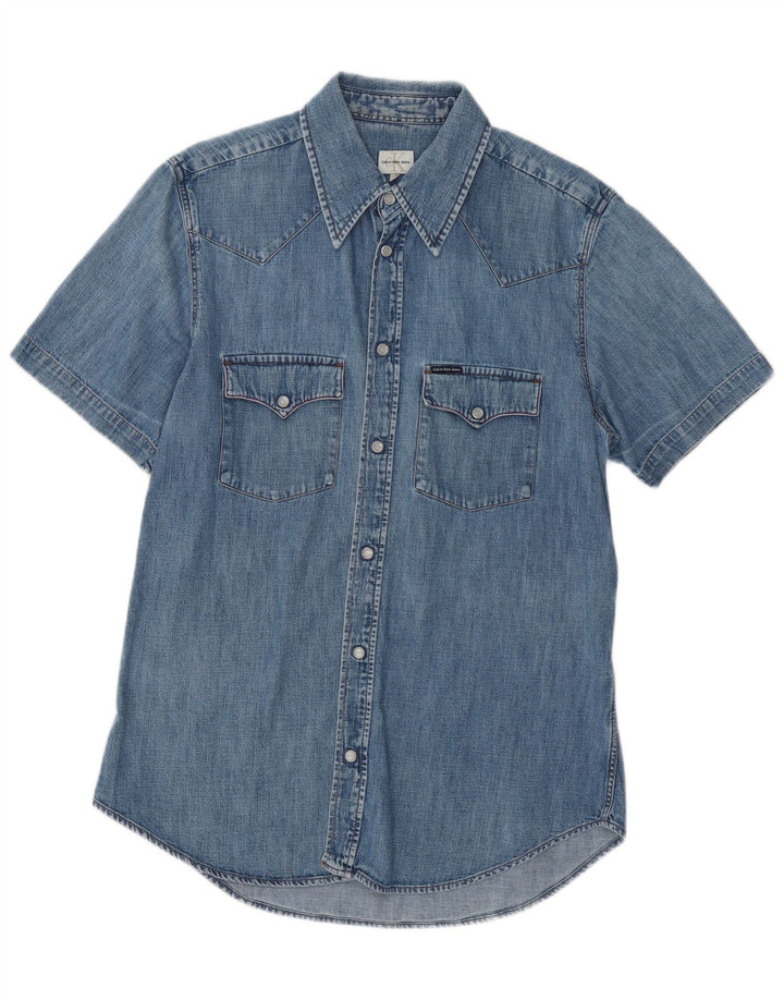 Camisa jeans feminina de manga curta Calvin Klein Jeans Reino Unido 18 XL azul algodão